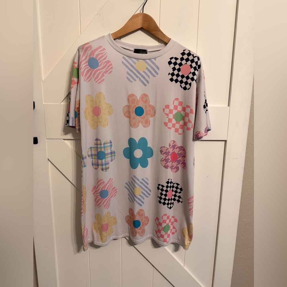 Colorful Floral Women’s Soft T Shirt Dress One Size No Brand Teacher Pattern Fun